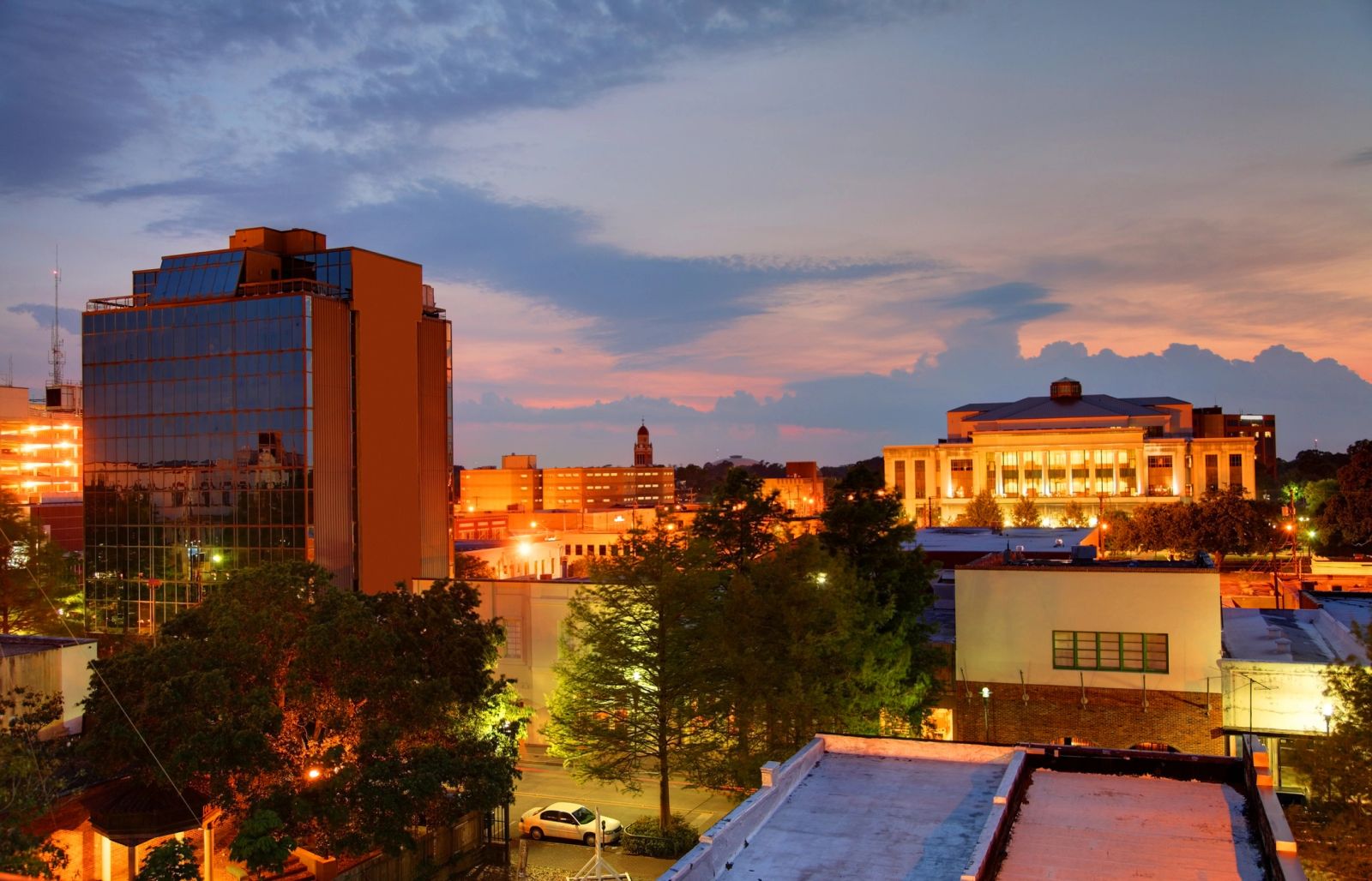 The Lafayette, Louisiana skyline at dusk.